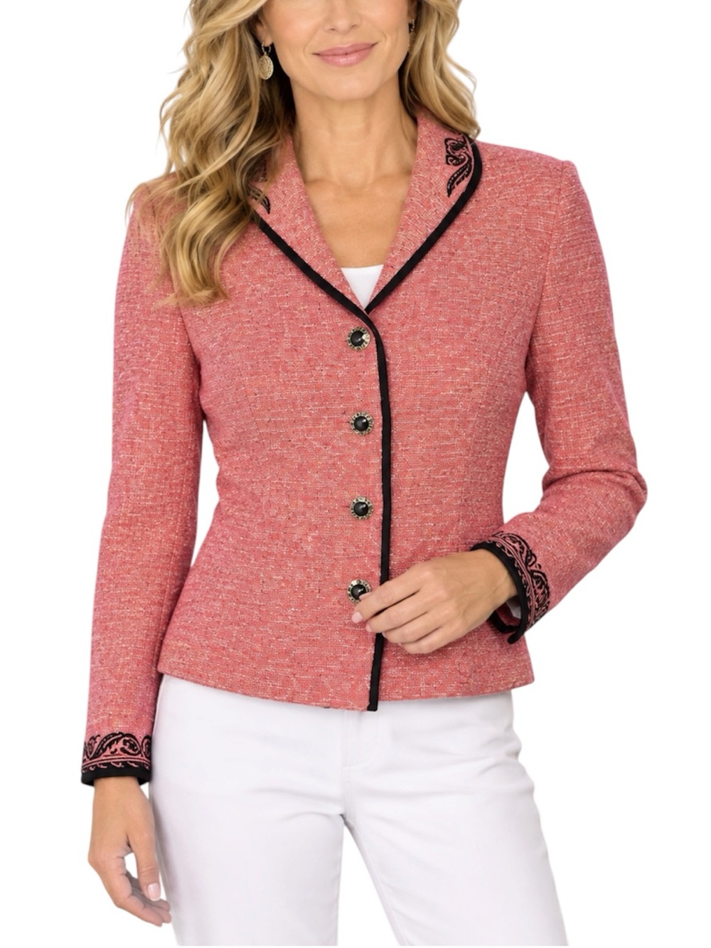 ST. JOHN Classic Blazer Salmon Tweed Black Embellishment Like New